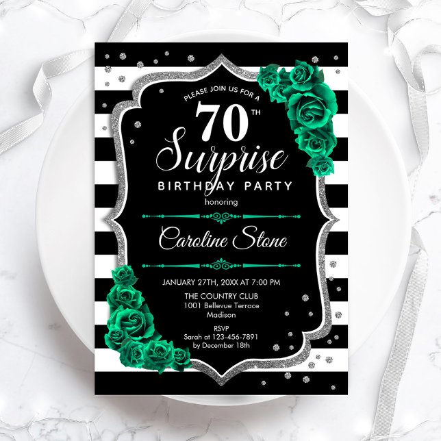 Invitation Vert Argent Noir Surprise 70e anniversaire (Créateur téléchargé)