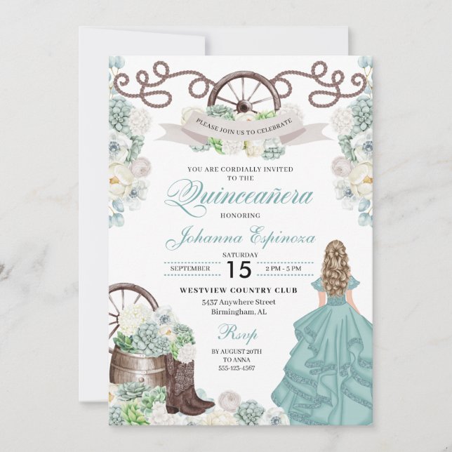 Invitation Vert Blanc Cactus Bottes Occidentales Charra Quinc (Devant)