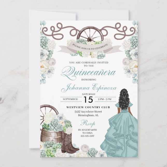 Invitation Vert Blanc Cactus Bottes Occidentales Charra Quinc (Devant)