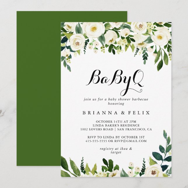 Invitation Vert Blanc Floral BabyQ Baby shower Barbecue (Devant / Derrière)