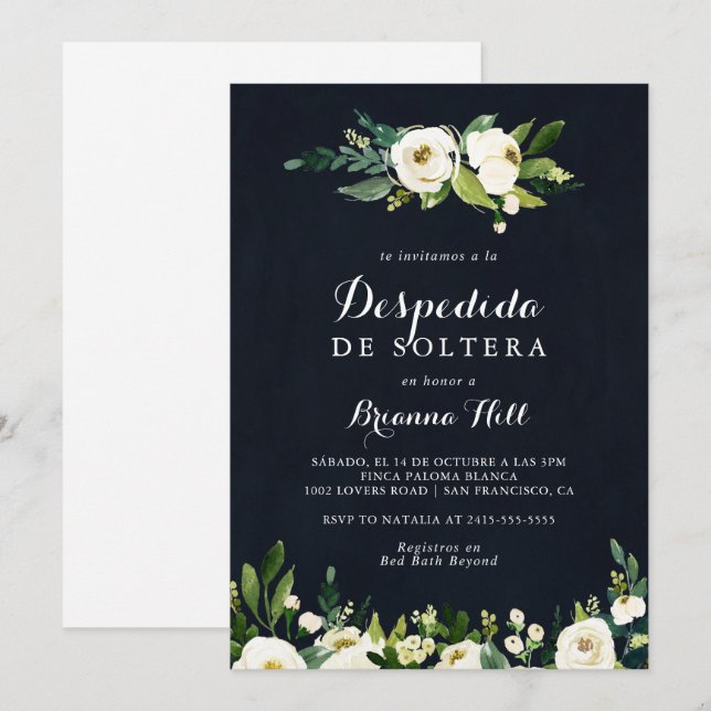 Invitation Vert Blanc Floral Bleu Fête des mariées espagnole (Devant / Derrière)