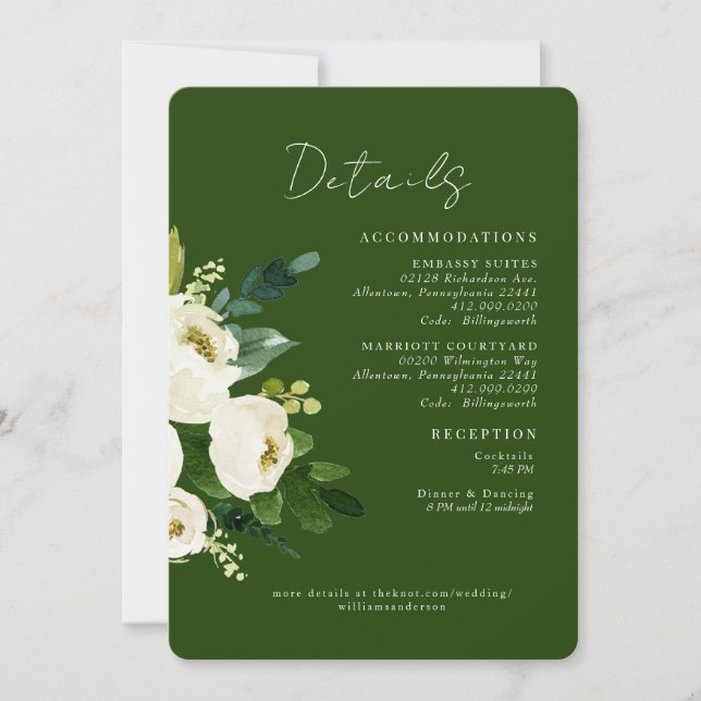 Invitation Vert Blanc Floral Détails Mariage Arrondi (Devant)