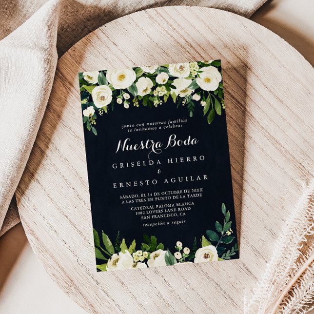Invitation Vert Blanc Floral Royal Blue Nuestra Boda Mariage (Créateur téléchargé)