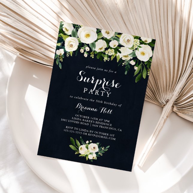 Invitation Vert Blanc Floral Royal Blue Surprise Party (Créateur téléchargé)