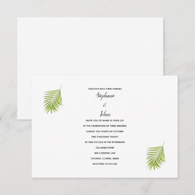 Invitation Vert Blanc Tropical Palm Leaf Cool moderne Mariage (Devant / Derrière)