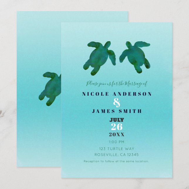 Invitation Vert bleu Aquarelle Océan Tortues de mer Mariage (Devant / Derrière)