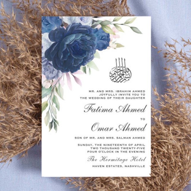 Invitation Vert bleu Floral QR Code Mariage musulman (Créateur téléchargé)