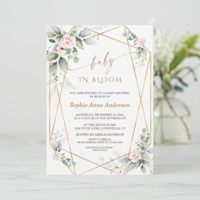 Invitation Vert Blush Floral Gold Feuilles bébé en fleurs (Debout devant)