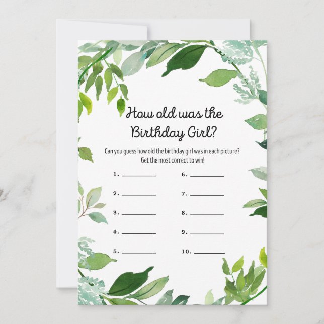 Invitation Vert Botanique Anniversaire Jeu fille 5x7" Taille (Devant)