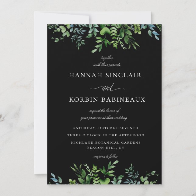 Invitation Vert botanique moderne Mariage noir (Devant)