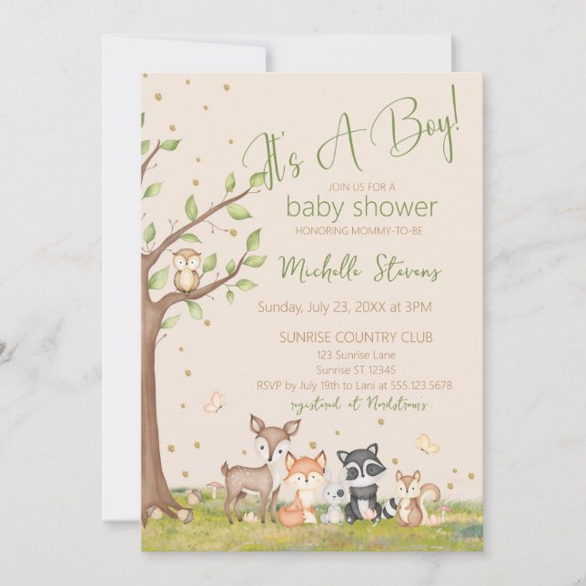 Invitation Vert Brown Aquarelle Bois Animaux (Devant)
