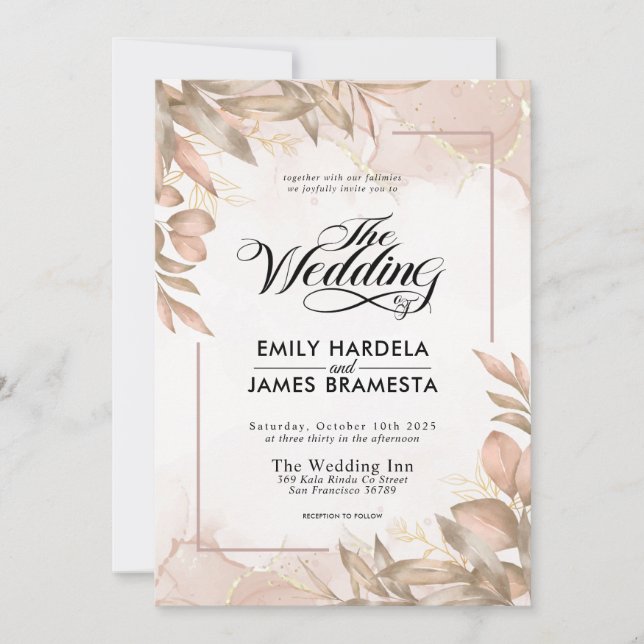 Invitation Vert Brown et beige Floral Aquarelle Mariage (Devant)