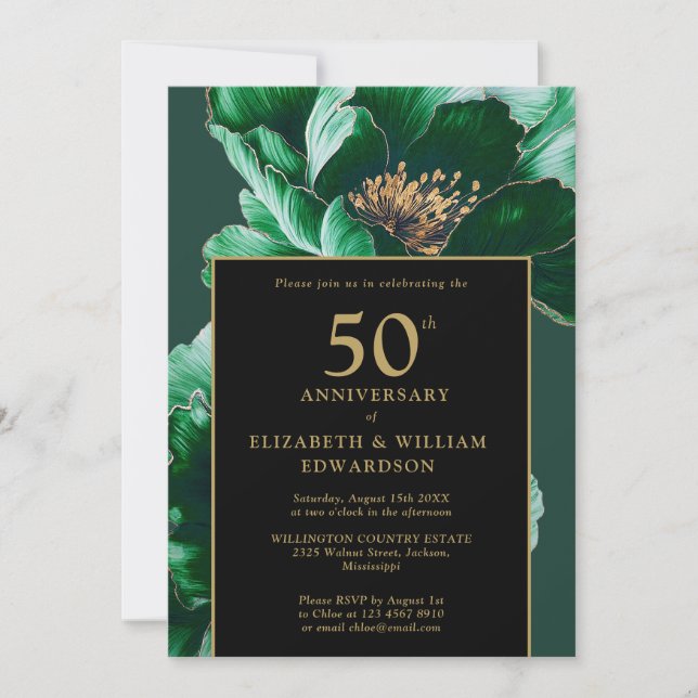 Invitation Vert Chic Floral Noir Et Or 50e Anniversaire (Devant)