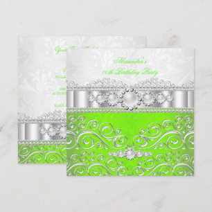 Invitation Vert Citron Blanc Argent Dentelle Perle Fête d'ann