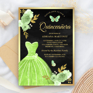 Invitation Vert Citron Floral Papillon Noir Or Quinceanera