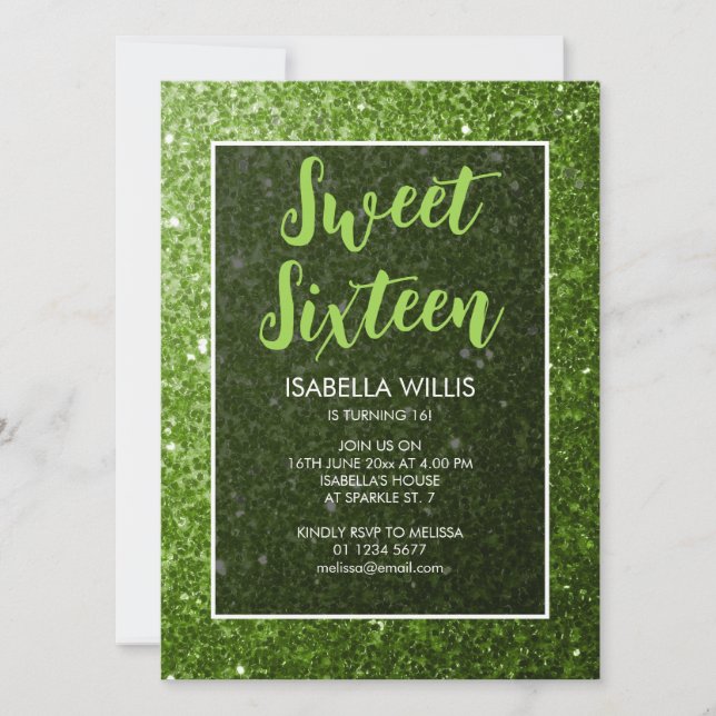 Invitation Vert clair étincelles Sweet 16 élégant script (Devant)