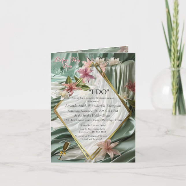 Invitation Vert, Crème, Draps De Soie Et Fleurs De Pinkish (Devant)