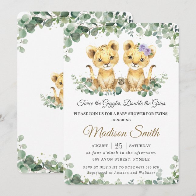Invitation Vert Cute Lion Cubs Twins Boy Girl Baby shower (Devant / Derrière)