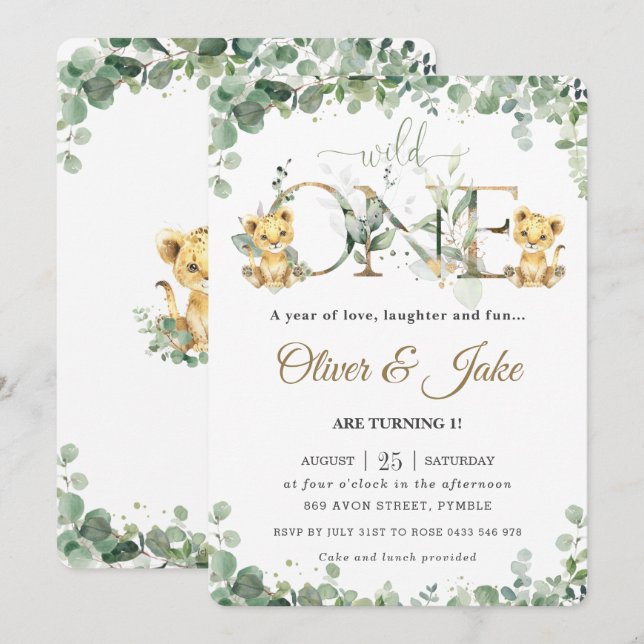 Invitation Vert Cute Lion Cubs Twins Boys 1er Anniversaire  (Devant / Derrière)