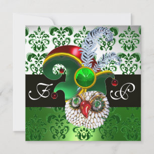 INVITATION VERT DAMASSÉ, HIBOU JOAILLIER, CHAPEAU DE LUTIN, P