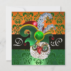 INVITATION VERT DAMASSE, HIBOU JOAILLIER, CHAPEAU DE LUTIN, P