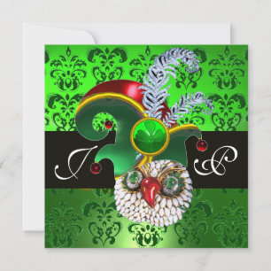 INVITATION VERT DAMASSÉ, HIBOU JOAILLIER, CHAPEAU D'ELF, PLUM