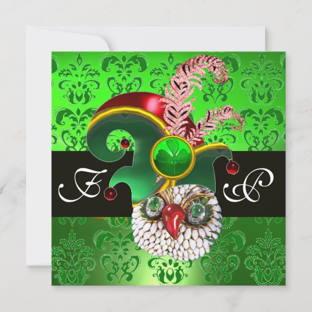 INVITATION VERT DAMASSÉ, HIBOU JOYAU, CHAPEAU DE LUTIN, PLUME (Devant)