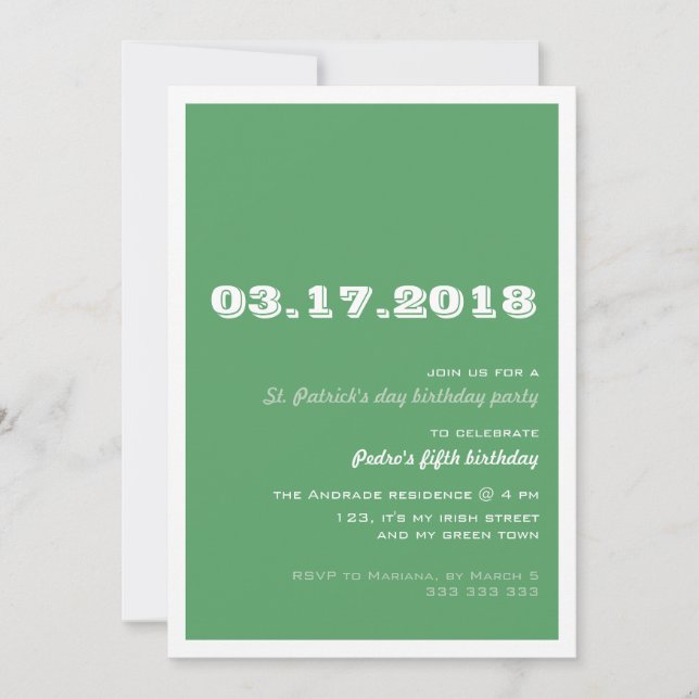 Invitation Vert de fête d'anniversaire de Jour de la Saint (Devant)