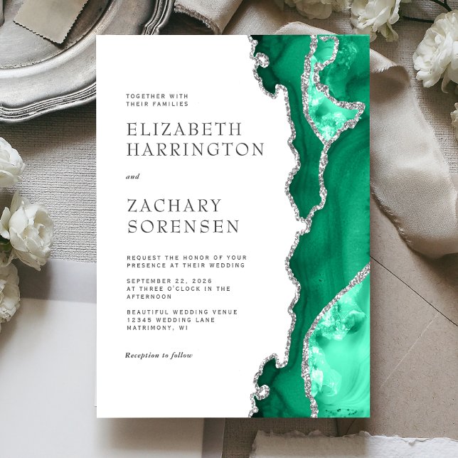 Invitation Vert de mousse Argent Noces d'Agate (Créateur téléchargé)