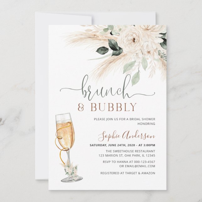 Invitation Vert Désert Boho Pampas Grass Brunch & Bubbly (Devant)
