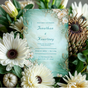 Invitation Vert doré écume de mer Blanc Floral Mariage Vintag