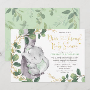 Invitation Vert doux Eléphant Gold Drive By Baby shower