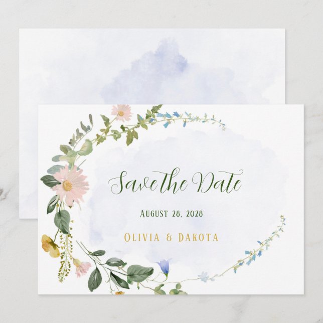 Invitation Vert Dusty Fleur sauvage Bleu Enregistrer Les Cart (Devant / Derrière)