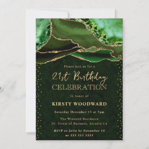 Invitation Vert élégant et or pailleté Agate 21e anniversaire