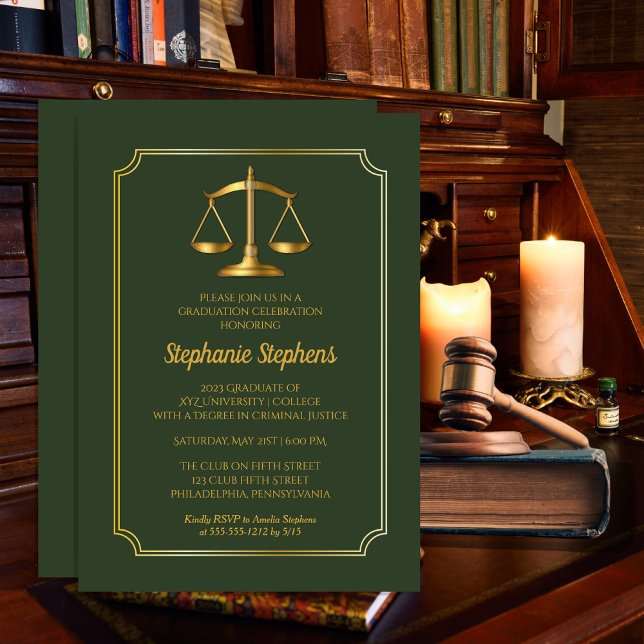 Invitation Vert élégant | Gold Law Attorney Graduation Party (Créateur téléchargé)