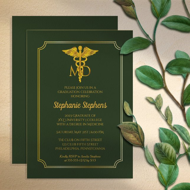 Invitation Vert élégant | Gold MD Physician Graduation Party (Créateur téléchargé)