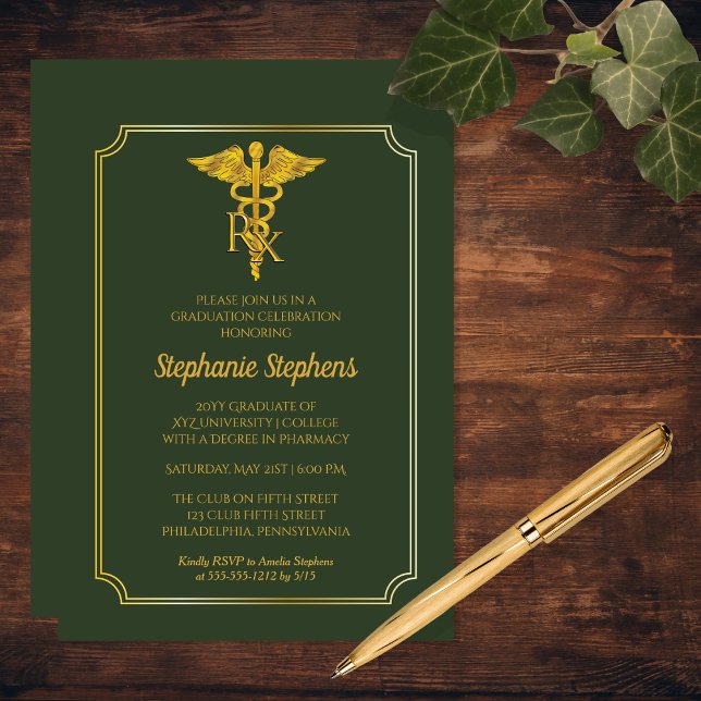 Invitation Vert élégant | Gold Rx Pharmacy Graduation Party (Elegant Green and Gold Tone Rx Pharmacy Pharmacist Graduation Party Invitation - Print | Download)