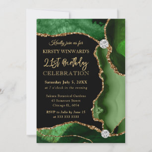 Invitation Vert élégant paillettes or agate 21e anniversaire