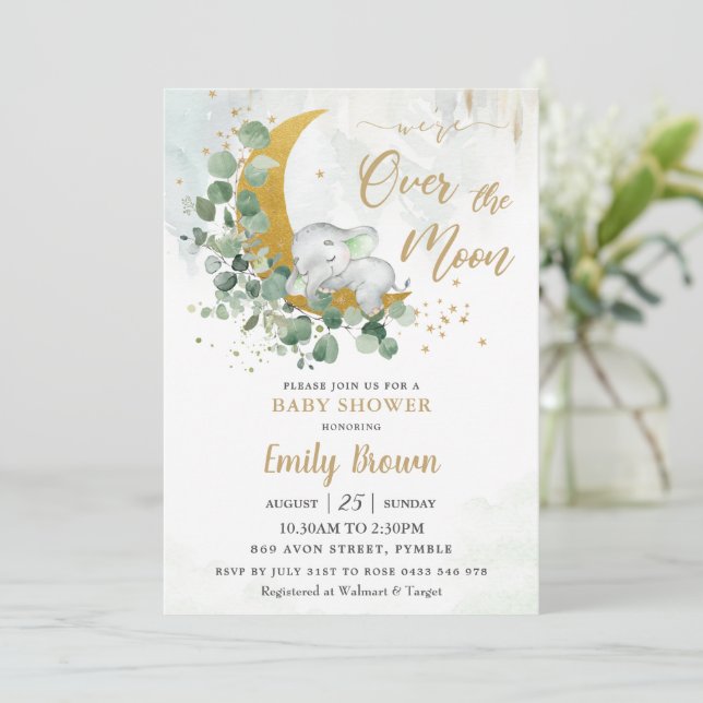 Invitation Vert Eléphant Lune Sexe Baby shower neutre  (Debout devant)