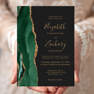 Invitation Vert émeraude chic or agate mariage foncé