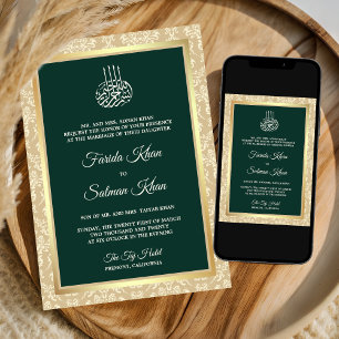 Invitation Vert émeraude Crème Damassé Mariage Islamique Musu