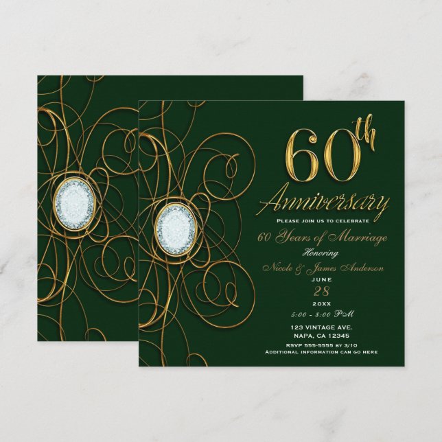 Invitation Vert émeraude et or Diamant 60 60e anniversaire (Devant / Derrière)