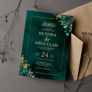 Invitation Vert émeraude et or floral mariage islamique