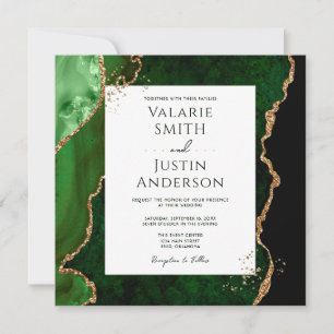 Invitation Vert émeraude foncé et Mariage en pierre d'âge or