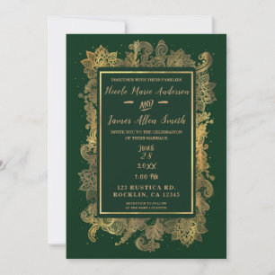 Invitation Vert émeraude foncé et or Élégant floral mariage