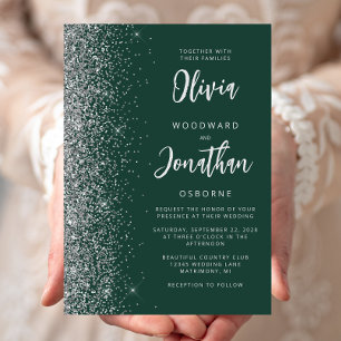 Invitation Vert émeraude Mariage Calligraphie Argent Paillett