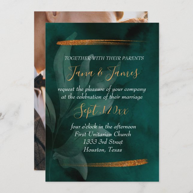 Invitation vert émeraude moderne et feuille (Devant / Derrière)