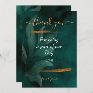 Invitation vert émeraude moderne et feuille merci