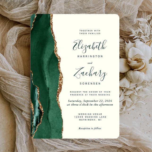 Invitation Vert émeraude Or Agate Ivoire Mariage arrondi (Créateur téléchargé)