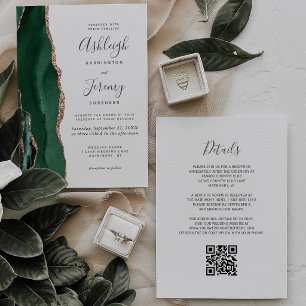 Invitation Vert émeraude Rose Or Agate Blanc QR Mariage